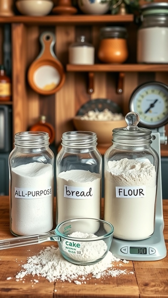 Different types of flour in jars on a kitchen counter with measuring tools.